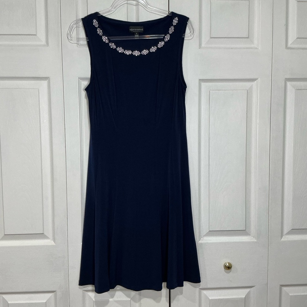 🌷 Connected Apparel Navy Blue Sleeveless Dress with Rhinestone Neckline - 8